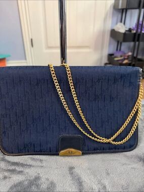 Dior Navy Jacquard Chain Shoulder Bag with Gold Hardware